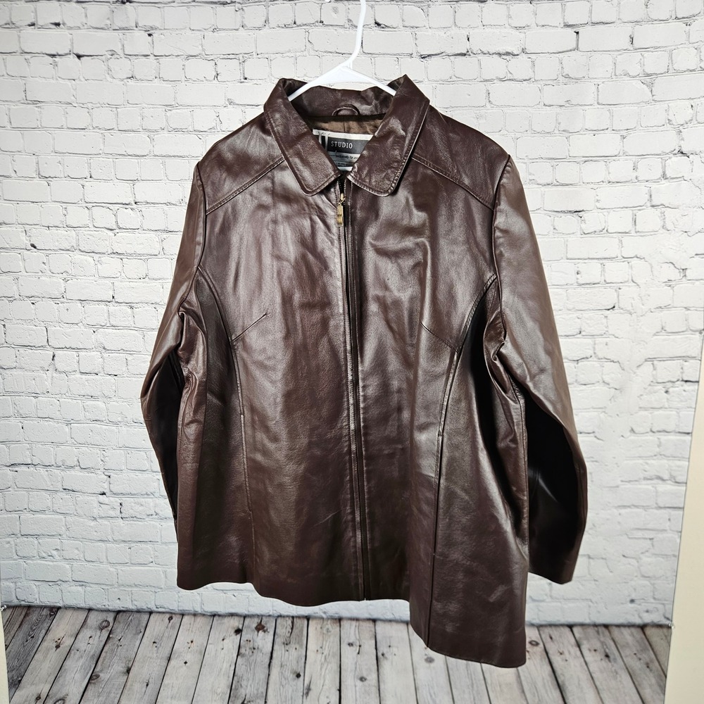 JL Studio Jessica London Brown Leather Jacket Full Zip Plus Size 20W 02-0562-5